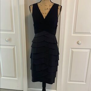 Cache Black Sleeveless Ruffled Tiered Midi Cocktail Dress